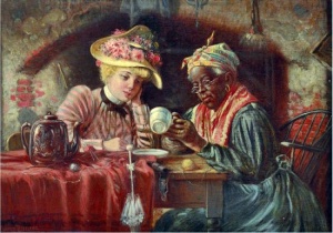 The Orancle II (Reading the Tea Leaves at Table)" by Harry Roseland, circa 1899. This is one of a series of oil paintings of African American fortune tellers created by Rosemad in the late 19th and early 20th centuries.