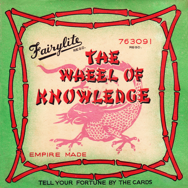 The Fairylite Empire Made Wheel of Knowledge box uses the same logo type as the Fairylite Foreign Cup of Knowledge, a  style copied from the Aynsley Cup of Knowledge instruction booklet